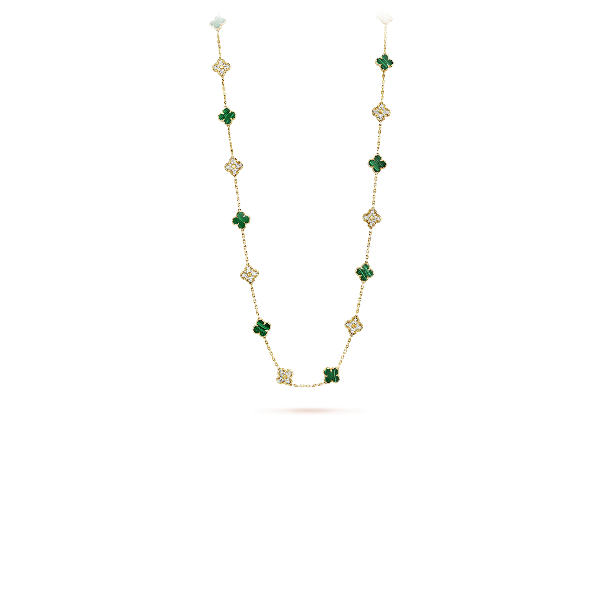 VAN CLEEF ARPELS VINTAGE ALHAMBRA LONG NECKLACE, 20 MOTIFS - YELLOW GOLD, DIAMOND, MALACHITE  VCARO7GP00